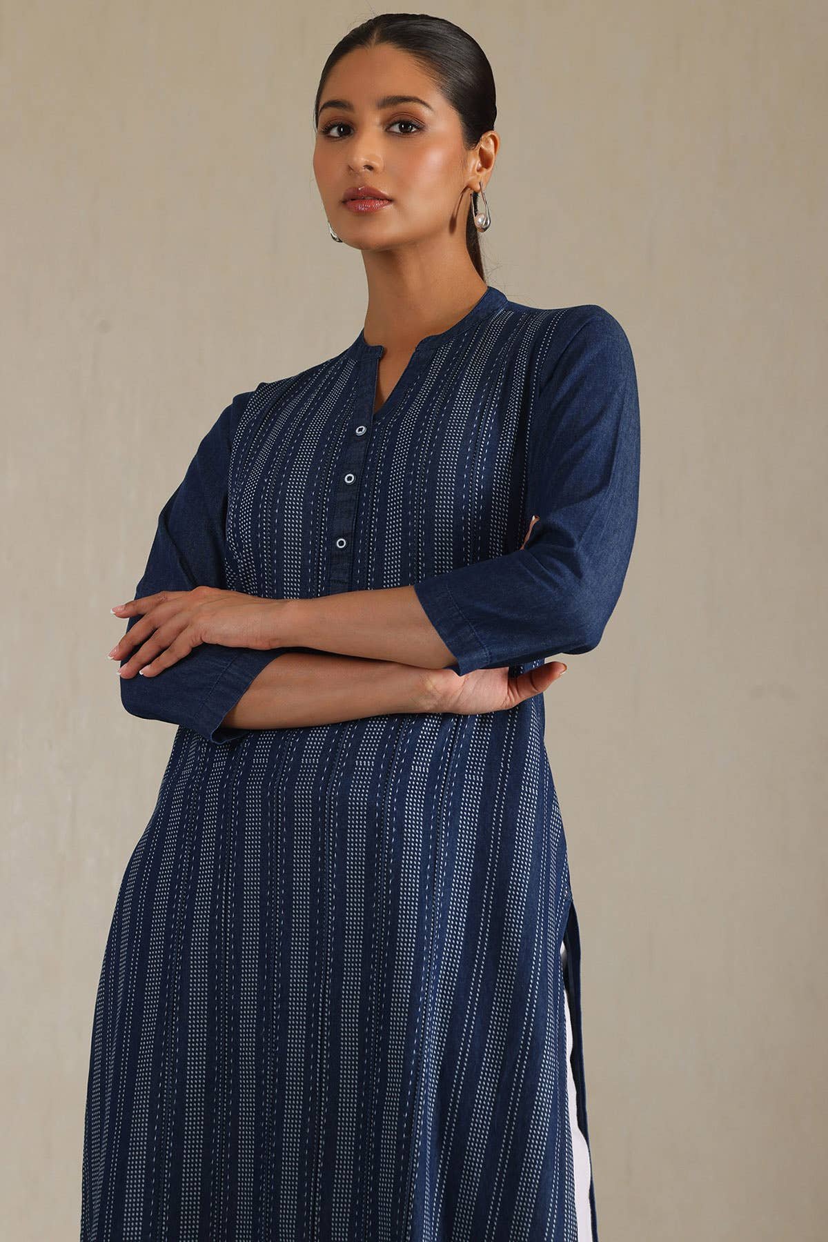 Indigo Denim Dots Kurta With Thread Work