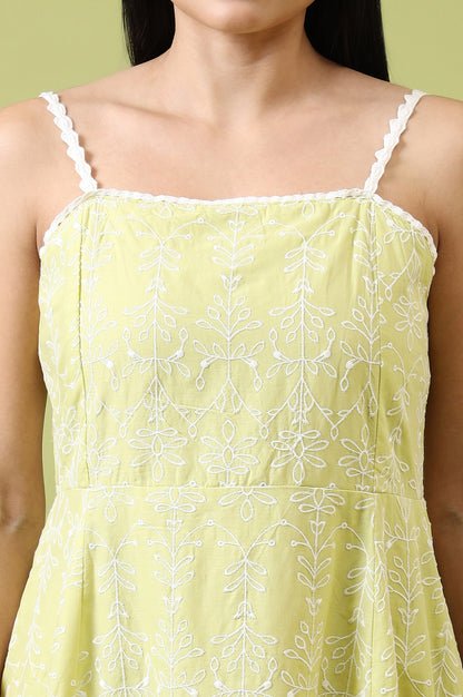 Lime Green Schiffli Embroidered Pure Cotton Flared Spaghetti Dress - Image 4